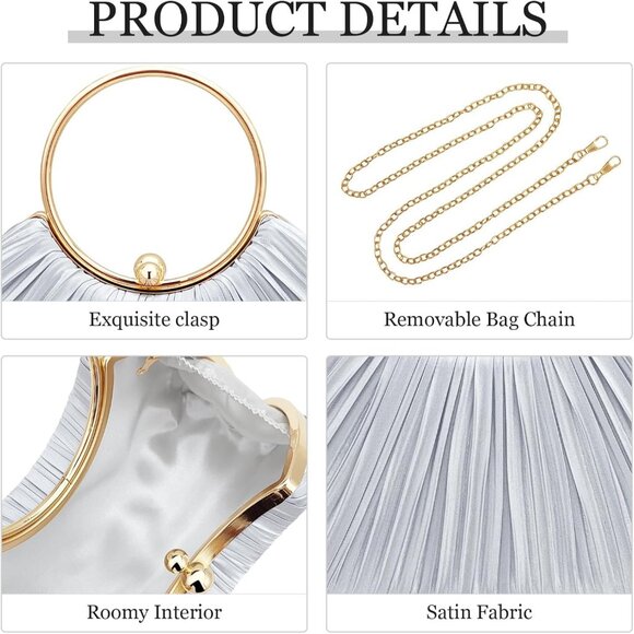 Women's Silver Pleated Evening Party Prom Wedding Dinner Luxury Clutch Bag - Picture 2 of 6